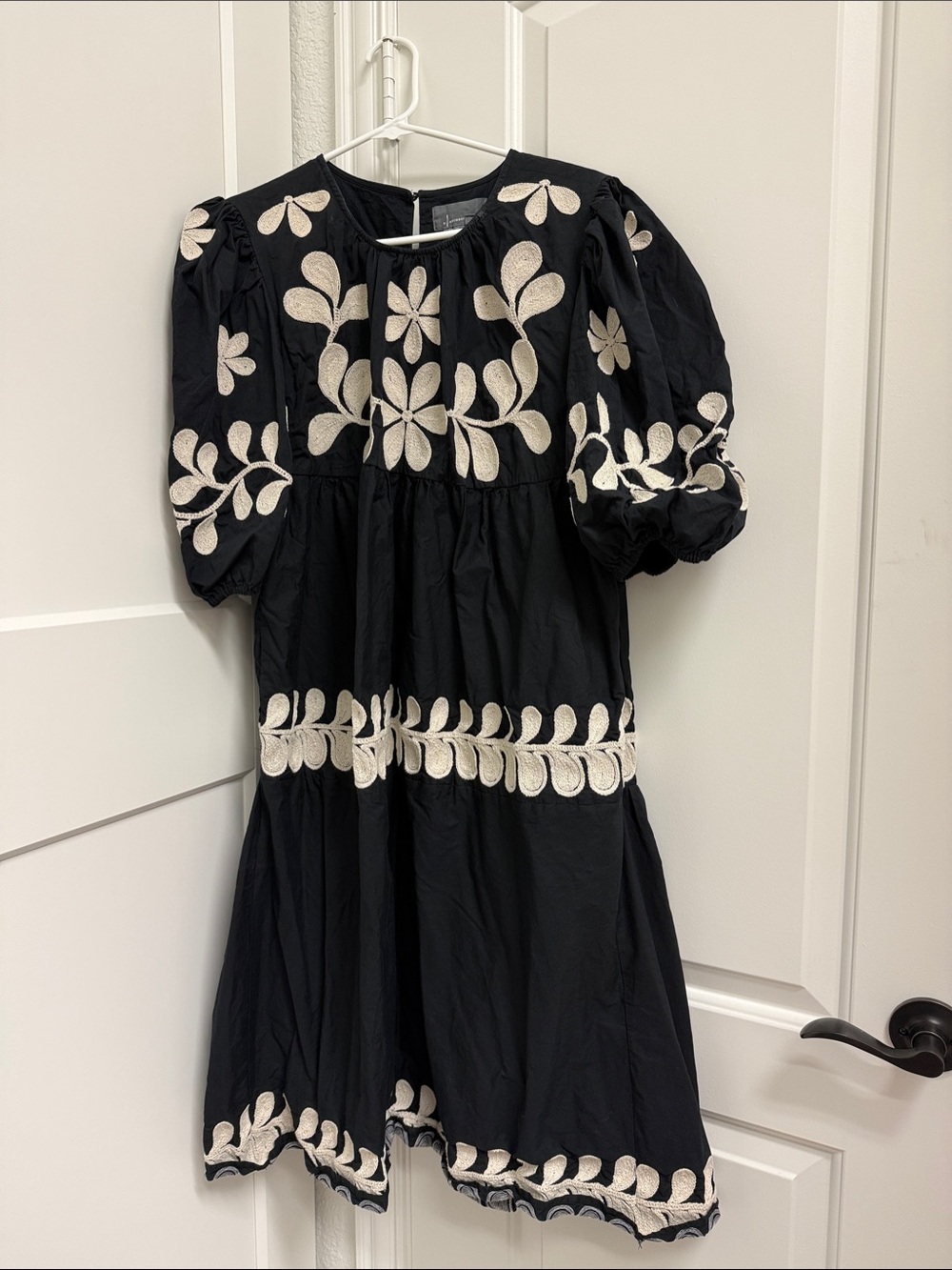 Anthropologie Black Midi Dress with Cream Floral Embroidery